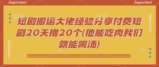 短剧搬运大佬经验分享付费短剧20天撸20个(他能吃肉我们就能喝汤)-鑫梵淘