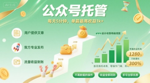 【公众号托管 】我提供文章，你发布，每天5分钟，单篇最高收益1k+【揭秘】-鑫梵淘