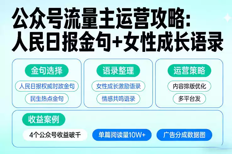 利用人民日报金句+女性成长语录做公众号流量主，4个公众号收益破千-鑫梵淘
