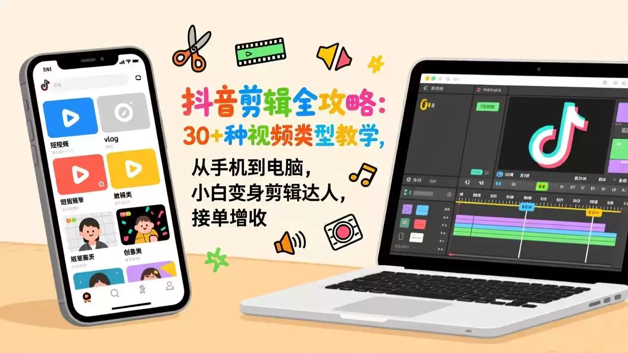 抖音剪辑全攻略：30+种视频类型教学，从手机到电脑，小白变身剪辑达人，接单增收-鑫梵淘