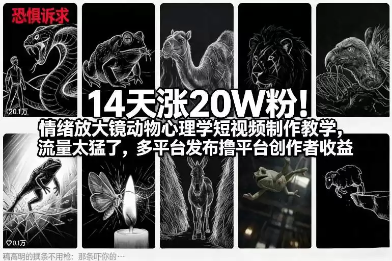 14天涨20W粉！情绪放大镜动物心理学短视频制作教学，流量太猛了，多平台发布撸平台创作者收益-鑫梵淘