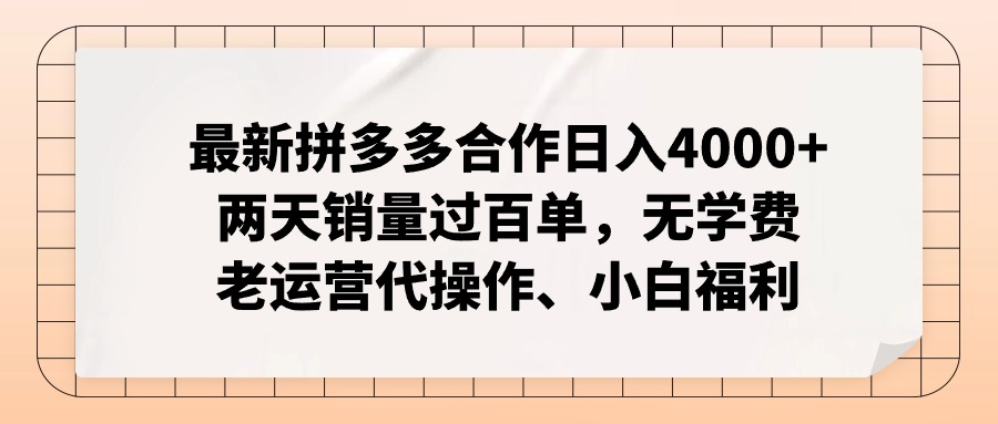 拼多多最新合作日入4000+两天销量过百单，无学费、老运营代操作、小白福利-鑫梵淘