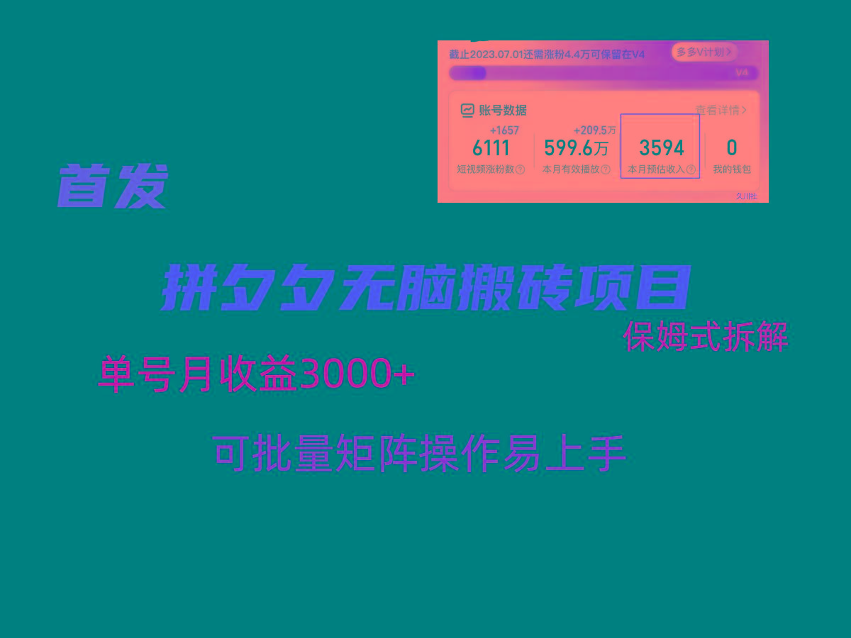 拼夕夕无脑搬砖，单号稳定收益3000+，保姆式拆解-鑫梵淘