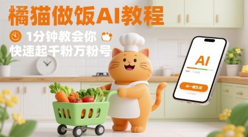 有趣的橘猫买菜做饭视频，用AI一键搞定，1分钟教会你，快速起千粉万粉号-鑫梵淘