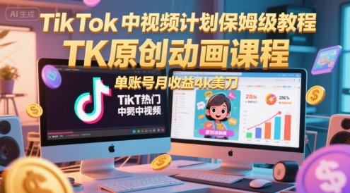 TikTok中视频计划保姆级教程，TK原创动画课程，单账号月收益4k美刀-鑫梵淘