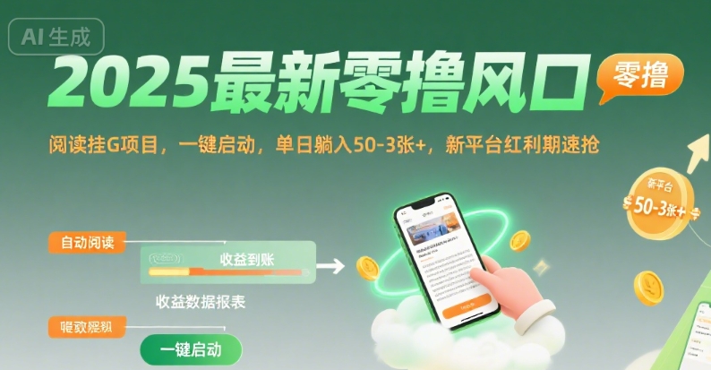 2025最新零撸风口，阅读挂G项目，一键启动，单日躺入 50-3张+，新平台红利期速抢【揭秘】-鑫梵淘