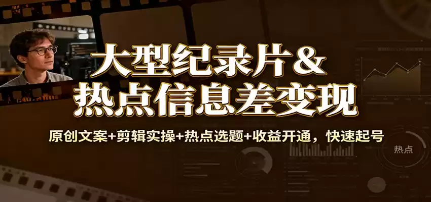 大型纪录片&热点信息差变现：原创文案+剪辑实操+热点选题+收益开通，快速起号-鑫梵淘