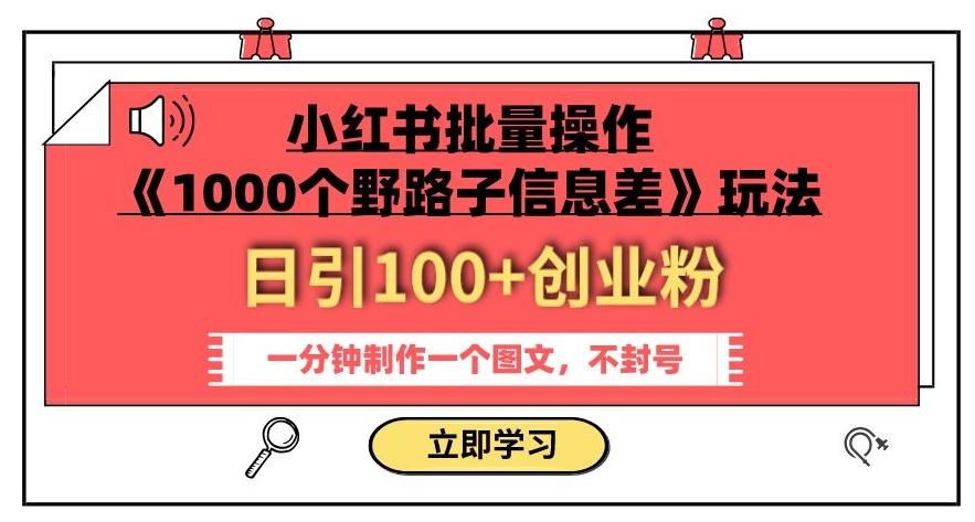 小红书批量操作《1000个野路子信息差》玩法，一分钟制作一个图文，不封号，日引100+创业粉-鑫梵淘