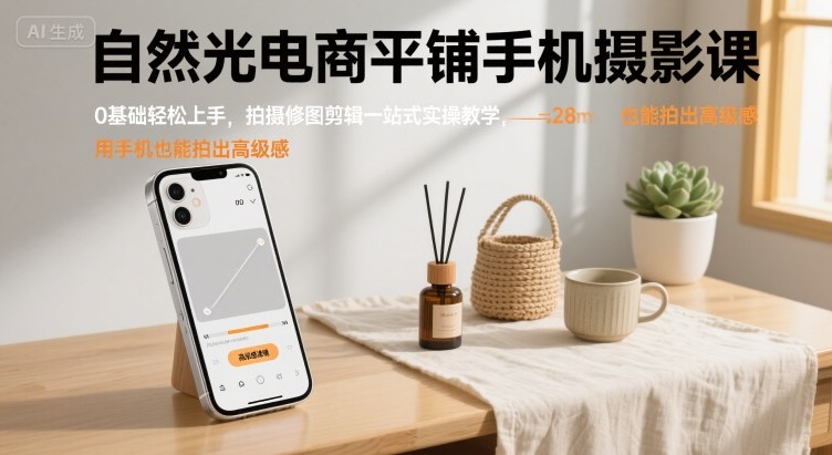 自然光电商平铺手机摄影课，0基础轻松上手，拍摄修图剪辑一站式实操教学，用手机也能拍出高级感-鑫梵淘