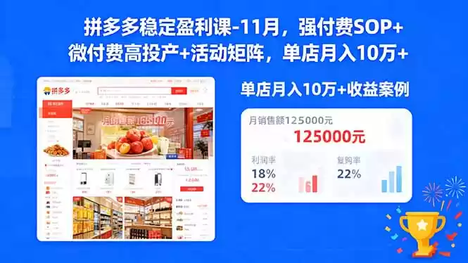 拼多多稳定盈利课-11月，强付费SOP+微付费高投产+活动矩阵，单店月入10万+-鑫梵淘