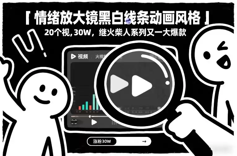 情绪放大镜黑白线条动画风格，20个视频，涨粉30W，继火柴人系列又一大爆款-鑫梵淘