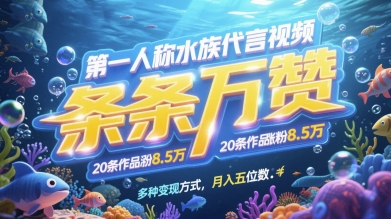 第一人称水族代言视频，条条万赞，20条作品涨粉7.8W，多种变现方式月入五位数-鑫梵淘