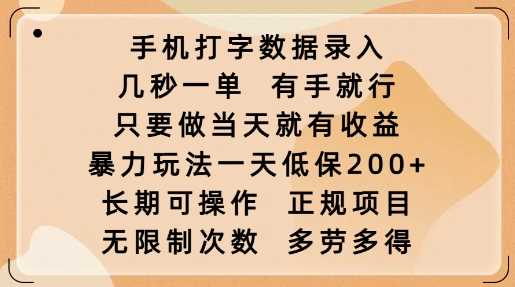 手机打字数据录入，几秒一单，有手就行，只要做当天就有收益，暴力玩法一天低保2张-鑫梵淘