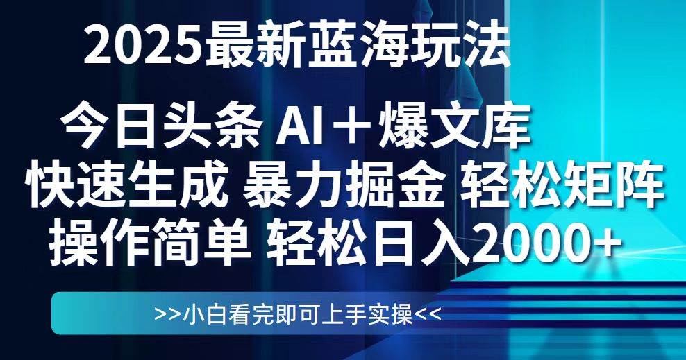 （14805期）今日头条2025最新蓝海玩法，思路简单，复制粘贴，轻松实现矩阵日入2000+-鑫梵淘
