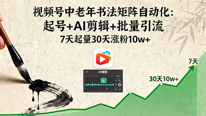 视频号中老年书法矩阵自动化：起号+AI剪辑+批量引流 7天起量30天涨粉10w+-鑫梵淘