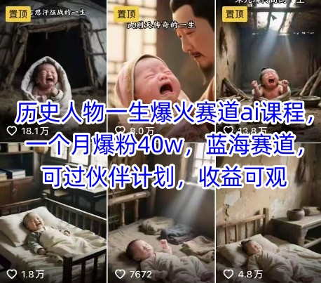 历史人物一生爆火赛道ai课程，一个月爆粉40w，蓝海赛道，可过伙伴计划，收益可观-鑫梵淘
