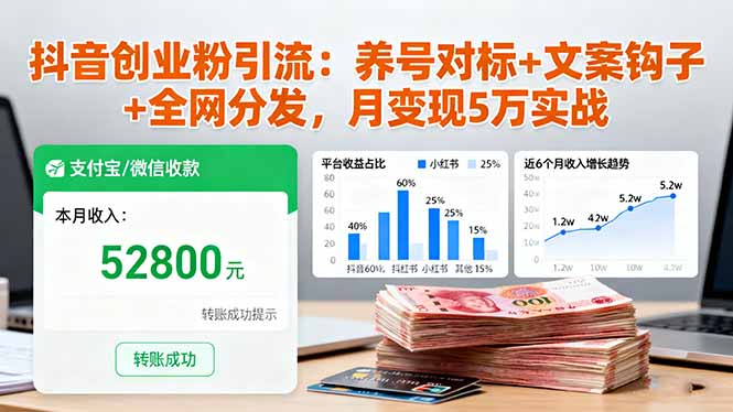 抖音创业粉引流：养号对标+文案钩子+全网分发，月变现5万实战-鑫梵淘