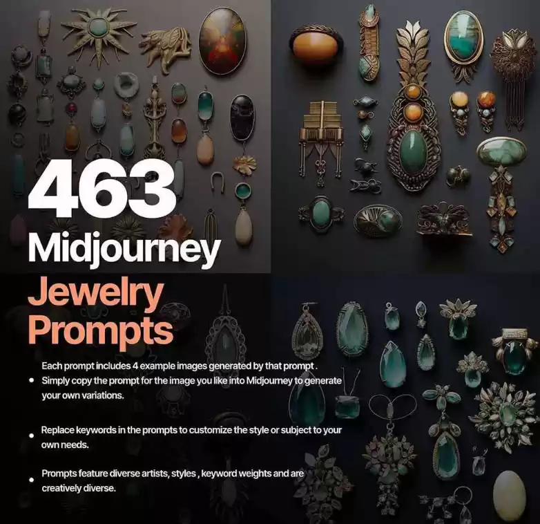 460+专业Midjourney珠宝摄影AI提示词戒指,项链-耳环-手链-宝石等,立即开始创作珠宝艺术