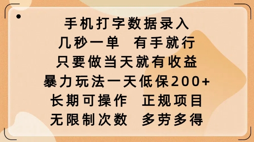 手机打字数据录入，几秒一单，有手就行，只要做当天就有收益，暴力玩法一天低保2张-鑫梵淘