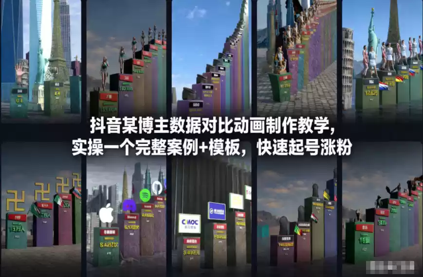 抖音某博主数据对比动画制作教学,实操完整案例+模板,快速起号涨粉