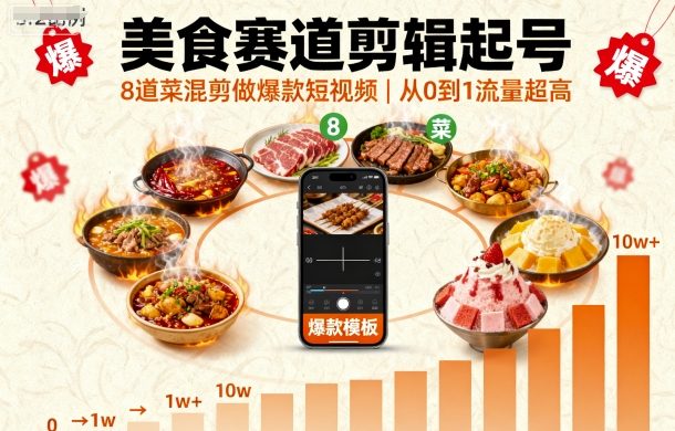 美食赛道剪辑起号，8道菜混剪做爆款短视频，从0到1，流量超高-鑫梵淘