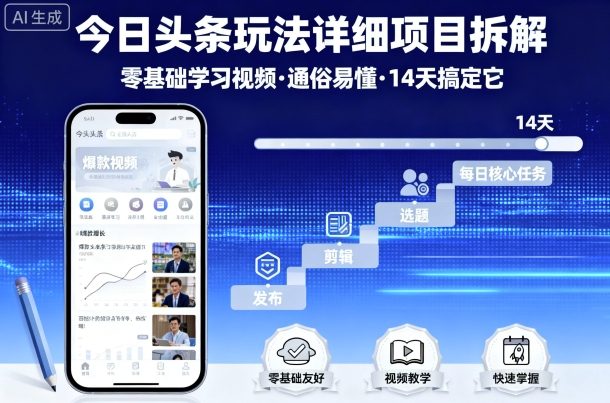 今日头条玩法详细项目拆解，零基础学习视频 通俗易懂 14天搞定它-鑫梵淘