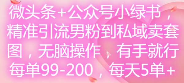 微头条+公众号小绿书，精准引流男粉到私域卖套图，无脑操作，有手就行，每单99-200，每天5单-鑫梵淘